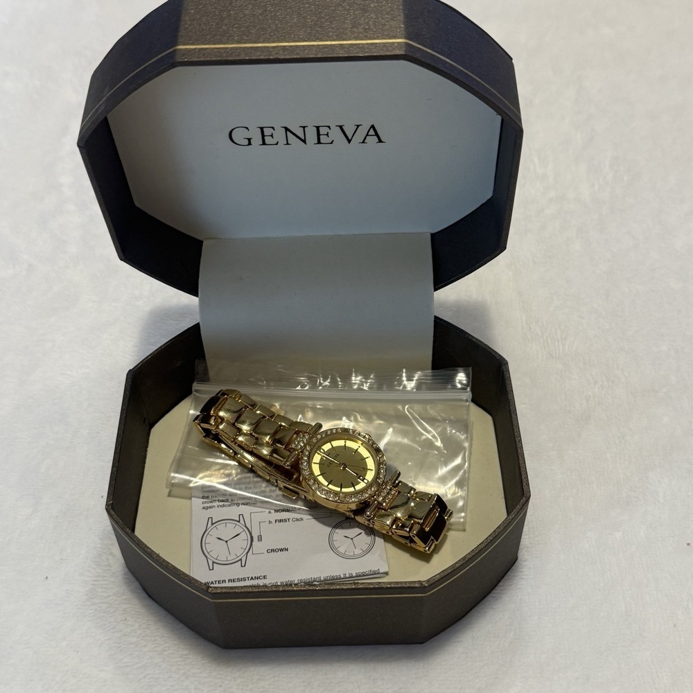 Geneva Women's Gold Tone Crystal Bezel Bracelet Watch w/ Box Extra Links Works